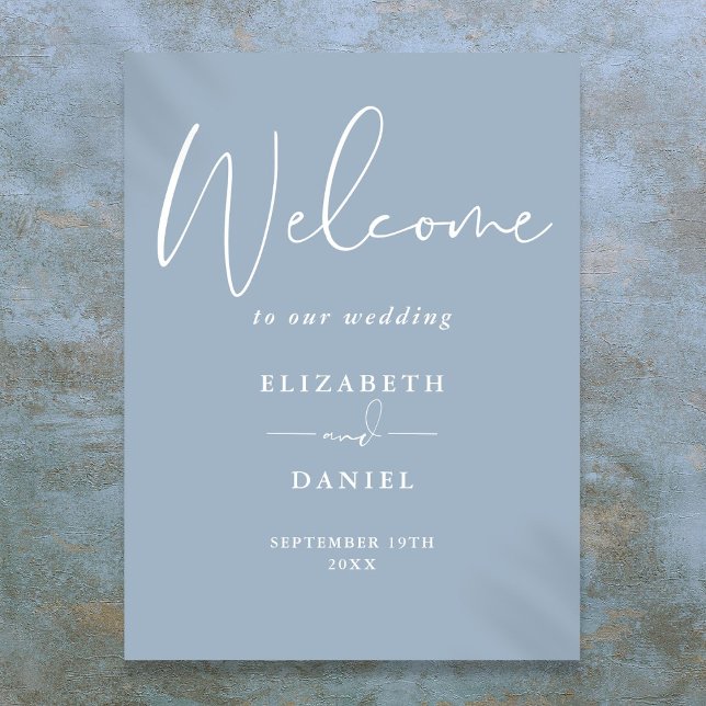 Affiche Panneau de bienvenue de mariage élégant moderne bl (Elegant Modern Dusty Blue Wedding Welcome Sign)