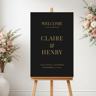 Affiche Panneau de bienvenue de mariage élégant noir et or