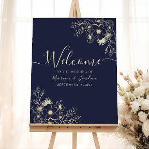 Affiche Panneau de bienvenue de mariage élégant or et bleu