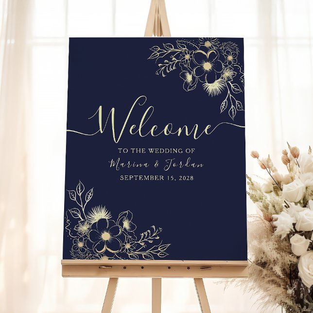 Affiche Panneau de bienvenue de mariage élégant or et bleu (Créateur téléchargé)