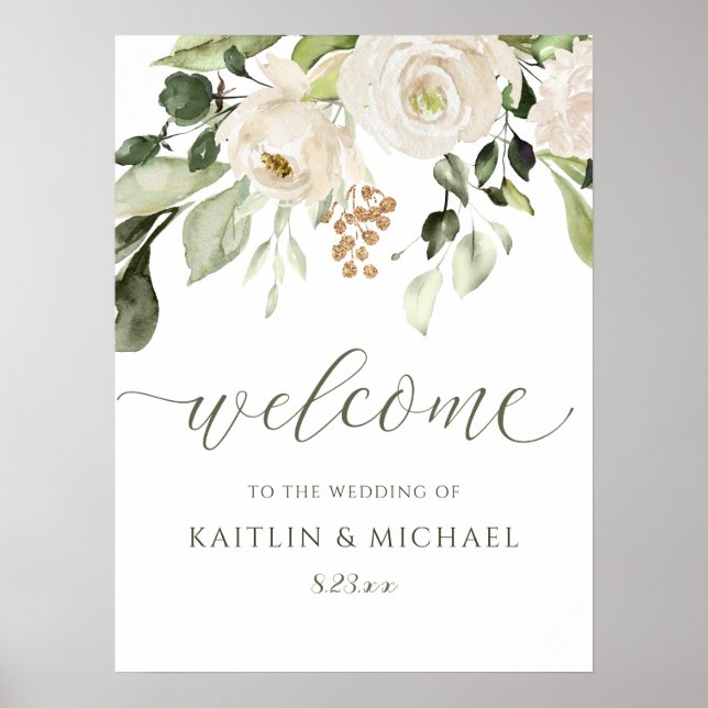 Affiche Panneau de bienvenue de mariage élégant verdure fl (Devant)