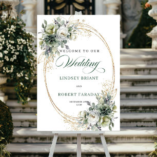Affiche Panneau de bienvenue de mariage élégant vert et bl