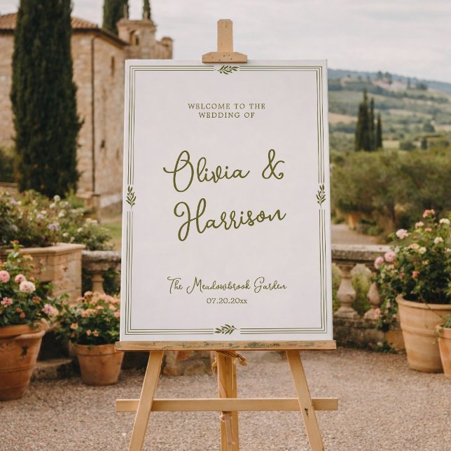Affiche Panneau de bienvenue de mariage élégant vert olive (Créateur téléchargé)