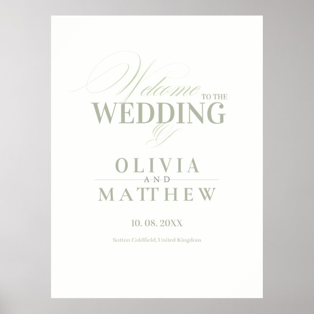Affiche Panneau de bienvenue de mariage élégant vert sauge (Devant)