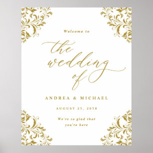 Affiche Panneau de Bienvenue de Mariage Élégant Vintage Or
