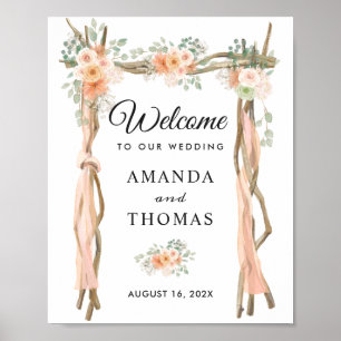 Affiche Panneau de bienvenue de mariage en bois floral ros