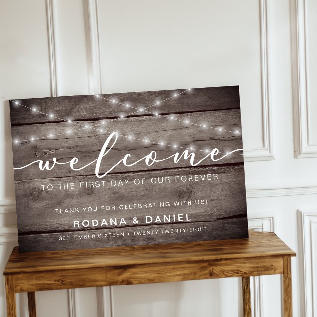 Affiche Panneau de Bienvenue de Mariage en Bois Rustique a (Rustic Wood Lights Welcome Wedding Sign)