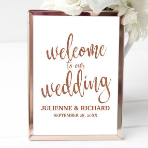 Affiche Panneau de bienvenue de mariage en cuivre pailleté