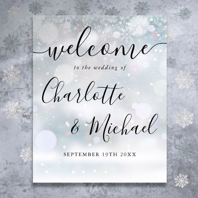 Affiche Panneau de bienvenue de mariage en écriture signat (Winter Snow Signature Script Wedding Welcome Sign)