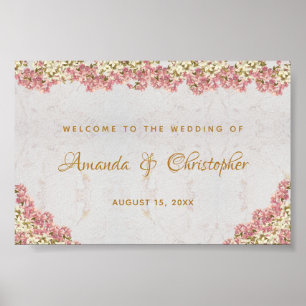 Affiche Panneau de bienvenue de mariage en marbre rose flo