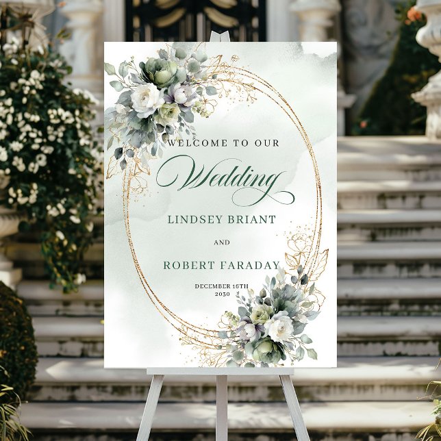 Affiche Panneau de bienvenue de mariage en or botanique ch (Chic Botanical Gold Wedding Welcome Sign)