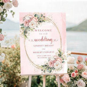 Affiche Panneau de bienvenue de mariage en or rose poussié