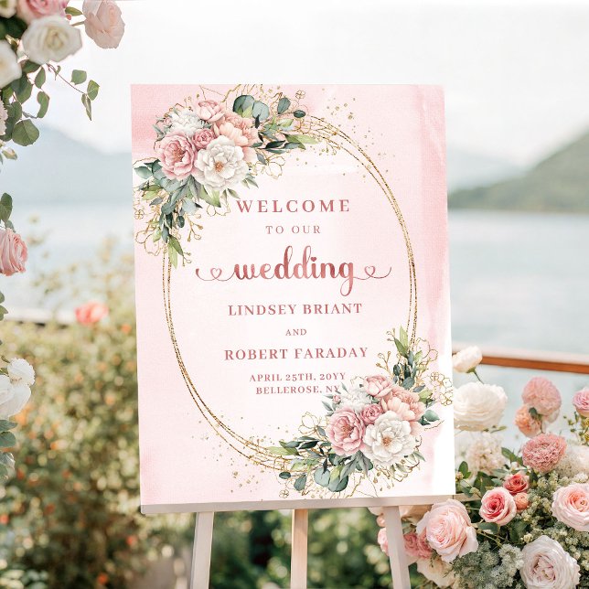Affiche Panneau de bienvenue de mariage en or rose poussié (Chic Dusty Pink Rose Gold Wedding Welcome Sign)