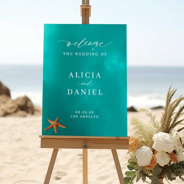 Affiche Panneau de bienvenue de mariage estival sur la pla (Poster available in different sizes - select your size before ordering)