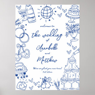 Affiche Panneau de bienvenue de mariage fantaisiste bleu d