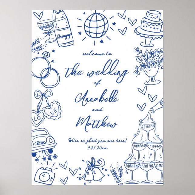 Affiche Panneau de bienvenue de mariage fantaisiste bleu d (Devant)