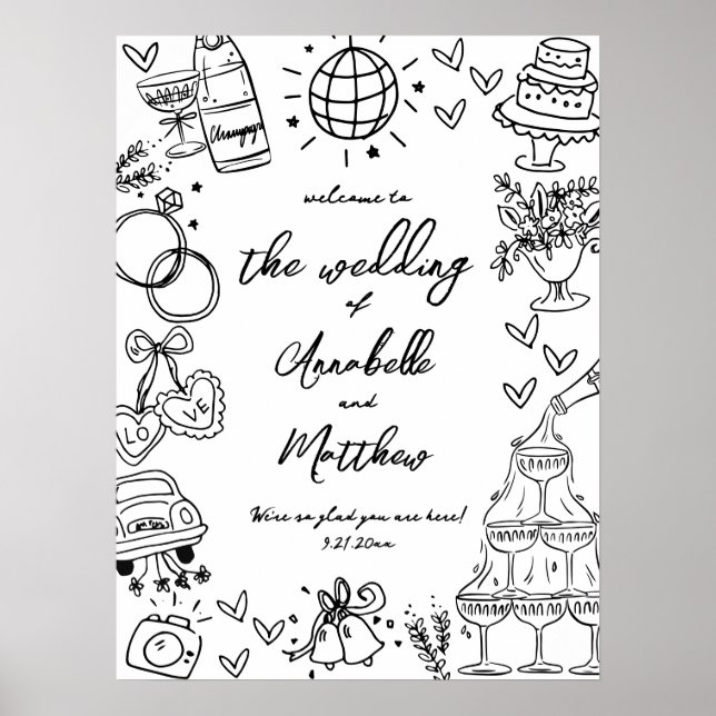 Affiche Panneau de bienvenue de mariage fantaisiste dessin (Devant)