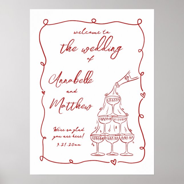 Affiche Panneau de bienvenue de mariage fantaisiste rouge  (Devant)
