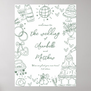 Affiche Panneau de bienvenue de mariage fantaisiste vert d