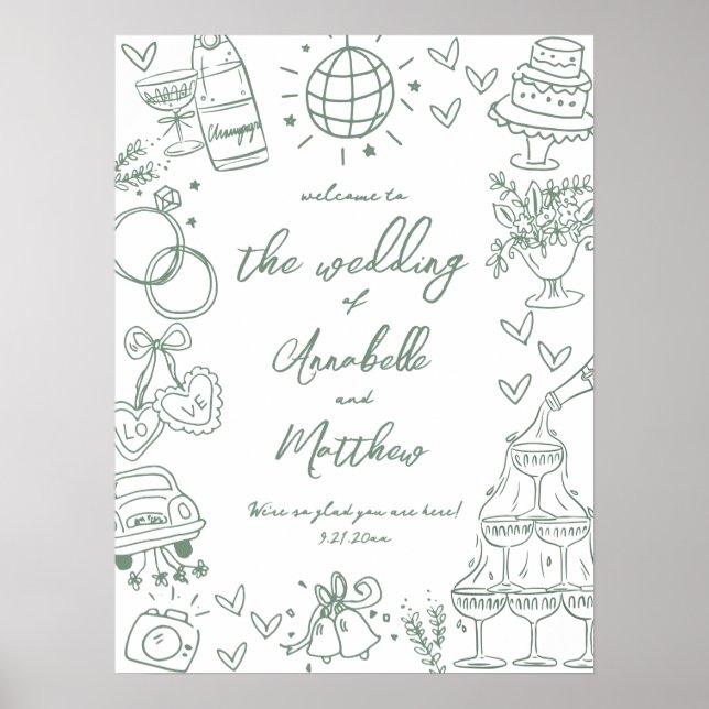 Affiche Panneau de bienvenue de mariage fantaisiste vert d (Devant)