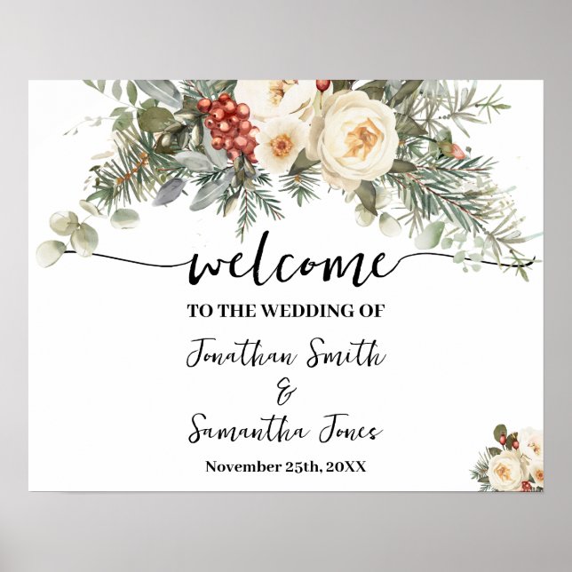 Affiche Panneau de Bienvenue de Mariage Fleurs Blanches d' (Devant)