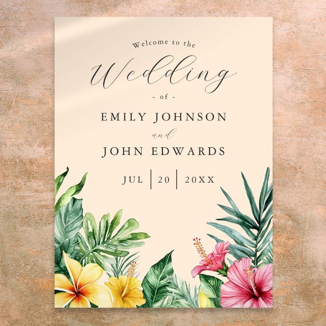 Affiche Panneau de Bienvenue de Mariage Fleurs Tropicales  (Peach Tropical Flowers Wedding Welcome Sign)