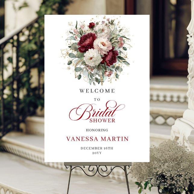 Affiche Panneau de bienvenue de mariage fleurs verdure or  (Burgundy Flowers Greenery Gold Bridal Welcome Sign

)