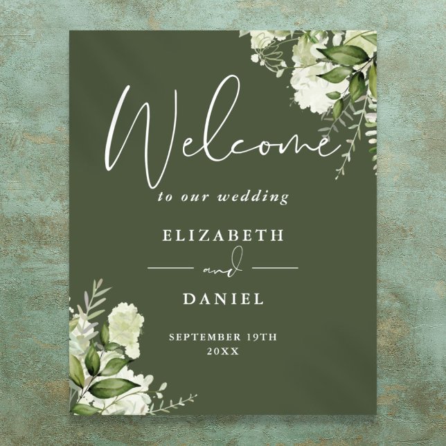 Affiche Panneau de bienvenue de mariage floral à feuillage (Olive Green Greenery Floral Wedding Welcome Sign)