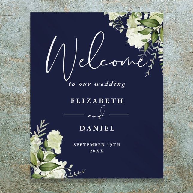 Affiche Panneau de bienvenue de mariage floral à feuillage (Navy Blue Greenery Floral Wedding Welcome Sign)