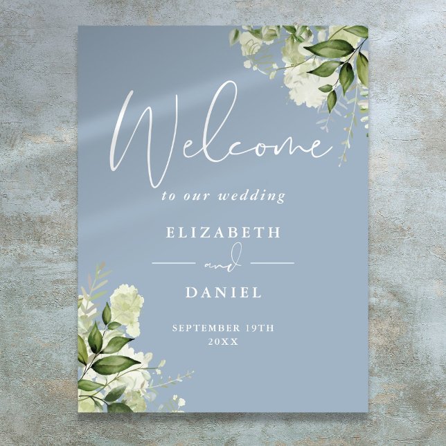 Affiche Panneau de bienvenue de mariage floral à la verdur (Dusty Blue Greenery Floral Wedding Welcome Sign)