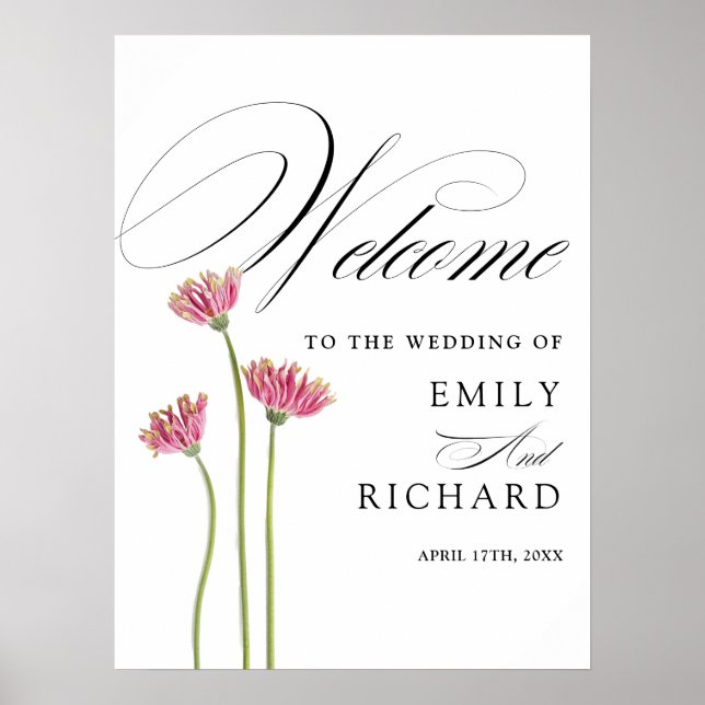 Affiche Panneau de bienvenue de mariage floral à l'écritur (Devant)
