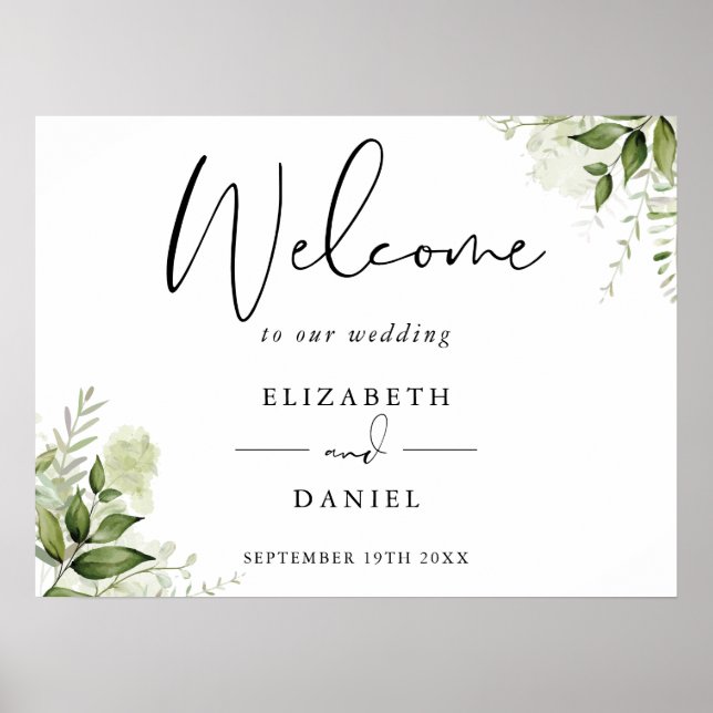 Affiche Panneau de bienvenue de mariage floral à verdure (Devant)