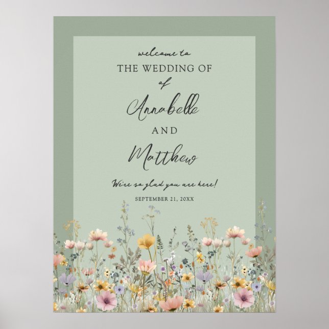 Affiche Panneau de bienvenue de mariage floral aux fleurs  (Devant)