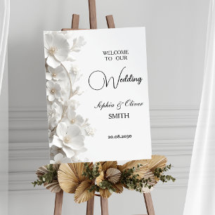 Affiche Panneau de bienvenue de mariage floral blanc 3D mi
