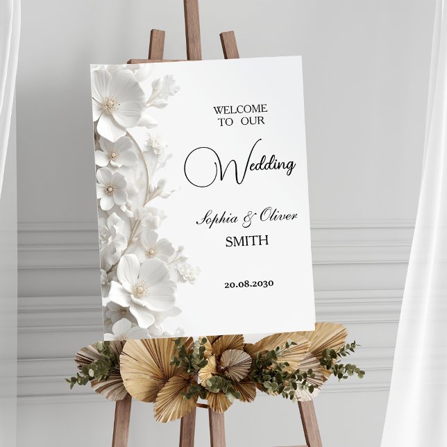 Affiche Panneau de bienvenue de mariage floral blanc 3D mi (Créateur téléchargé)