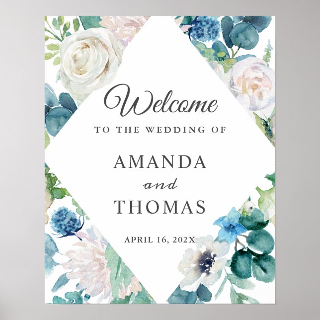 Affiche Panneau de bienvenue de mariage floral blanc bleu  (Devant)