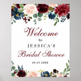 Affiche Panneau de bienvenue de mariage floral bleu marine