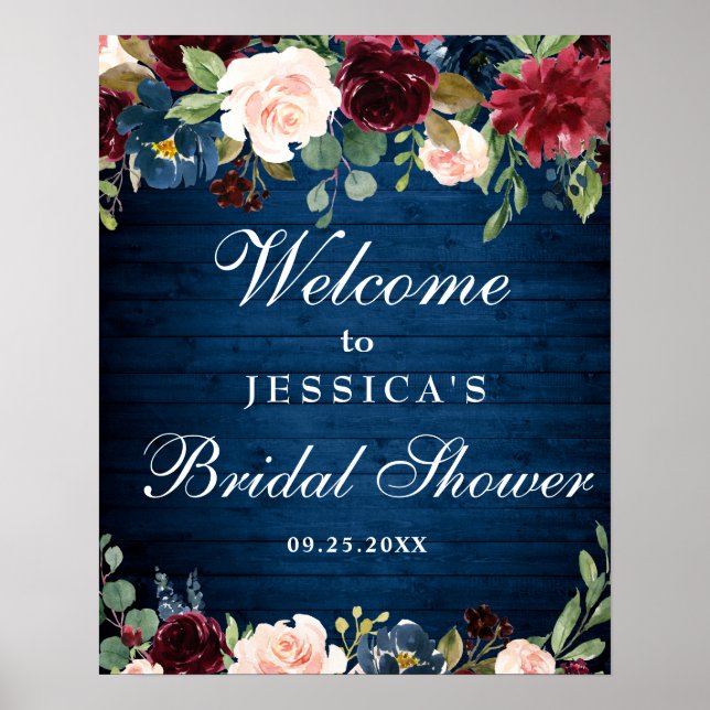 Affiche Panneau de bienvenue de mariage floral bleu marine (Devant)