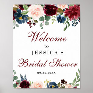 Affiche Panneau de bienvenue de mariage floral bleu marine
