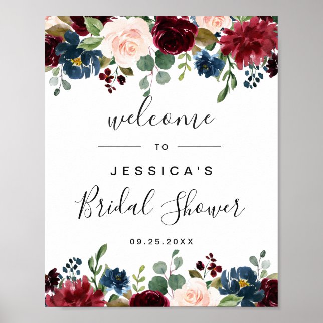 Affiche Panneau de bienvenue de mariage floral bleu marine (Devant)