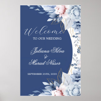 Affiche Panneau de bienvenue de mariage floral bleu poussi
