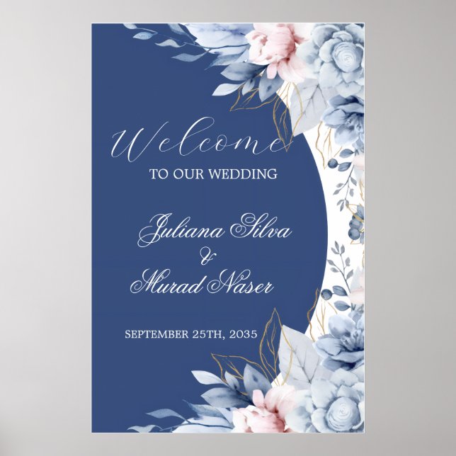 Affiche Panneau de bienvenue de mariage floral bleu poussi (Devant)