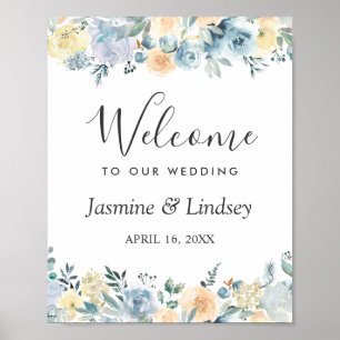 Affiche Panneau de bienvenue de mariage floral bleu vanill