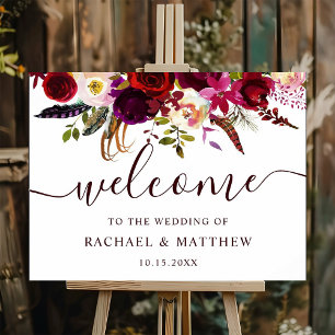 Affiche Panneau de bienvenue de mariage floral Boho Bourgo