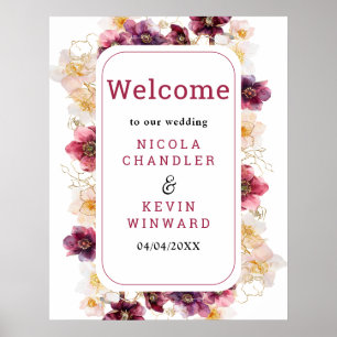 Affiche Panneau de bienvenue de mariage floral burgundy à