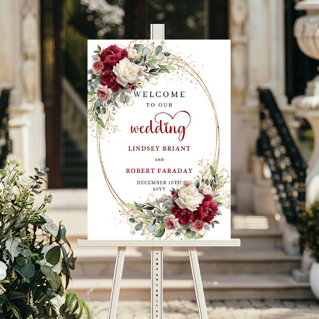 Affiche Panneau de bienvenue de mariage floral doré élégan (Gold Floral Wedding Welcome Sign Elegant Poster)
