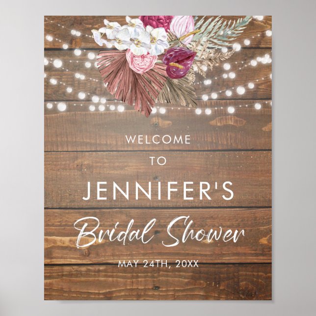 Affiche Panneau de bienvenue de mariage floral en bois rus (Devant)