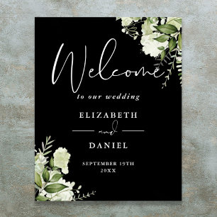 Affiche Panneau de bienvenue de mariage floral en noir et