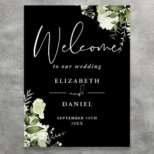 Affiche Panneau de bienvenue de mariage floral en noir et
