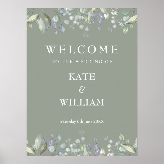 Affiche Panneau de bienvenue de mariage Floral Greenery Ve (Devant)
